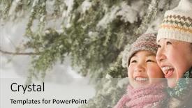  Presentation with purple floral snow - Colorful presentation design enhanced with winter children - mother and daughter in snow backdrop and a light gray colored foreground