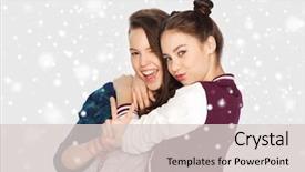  Presentation with teens - Presentation theme featuring winter christmas people teens and friendship concept - happy smiling pretty teenage girls or friends hugging and showing peace hand sign over gray background and snow background and a lemonade colored foreground