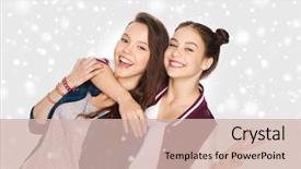  Presentation with teens - Audience pleasing PPT theme consisting of winter christmas people teens and friendship concept - happy smiling pretty teenage girls or friends hugging and showing peace hand sign over gray background and snow backdrop and a soft green colored foreground