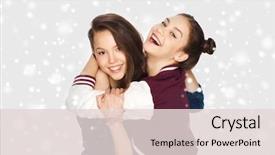  Presentation with teens - PPT theme enhanced with winter christmas people teens and friendship concept - happy smiling pretty teenage girls or friends hugging over gray background and snow background and a lemonade colored foreground