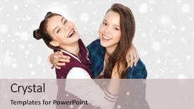  Presentation with teens - Slides with winter christmas people teens and friendship concept - happy smiling pretty teenage girls or friends hugging over gray background and snow background and a soft green colored foreground