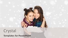  Presentation with teens - Presentation theme enhanced with winter christmas people teens and friendship concept - happy smiling pretty teenage girls or friends hugging over gray background and snow background and a light gray colored foreground