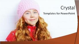  Presentation with knitted clothes - Slide set featuring winter clothes concept pretty smiling girl with long curly hair wearing pink knitted hat and smiling at camera background and a white colored foreground