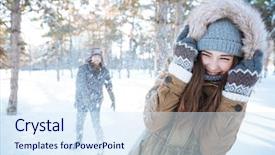  Presentation with outdoor clothes for hiking - Theme enhanced with winter clothes playing snowball background and a sky blue colored foreground