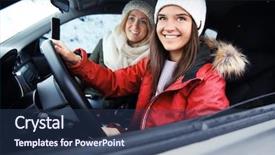 Presentation with solar car sunshade - Slides having winter coat - happy female tourists travelling background and a ocean colored foreground