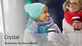  Presentation with women - Presentation theme having winter coat - happy women looking at each background and a  colored foreground