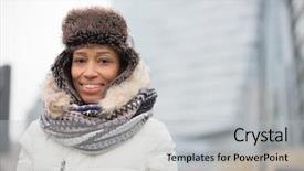  Presentation with hiduism clothing - Beautiful PPT theme featuring winter coat - portrait of happy woman backdrop and a  colored foreground