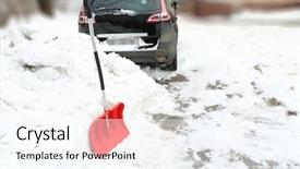  Presentation with snow shovel - Slides consisting of winter concept red shovel for cleaning the driveway of snow background and a cool aqua colored foreground