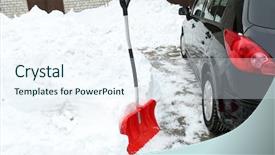  Presentation with snow shovel - Slide deck consisting of winter concept red shovel for cleaning the driveway of snow background and a sky blue colored foreground