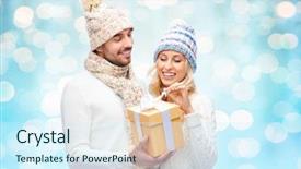  Presentation with blue lights - Slide set enhanced with winter couple christmas and people concept - smiling man and woman in hats and scarf with gift box over blue holidays lights background background and a cool aqua colored foreground