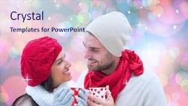  Presentation with winter blue - PPT theme with winter couple holding mugs against light glowing dots on blue background and a lemonade colored foreground