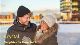  Presentation with walking together - Beautiful slide deck featuring winter couple walking happy in city wearing cold outerwear snow hat and jackets young biracial adults together smiling looking at each other on walk asian girlfriend in love with man backdrop and a tawny brown colored foreground