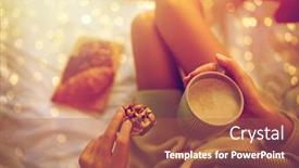  Presentation with cacao - PPT theme consisting of winter coziness leisure and people concept - close up of young woman with cup of coffee or cacao and cookie in bed at home background and a red colored foreground