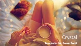  Presentation with cacao - Audience pleasing slide set consisting of winter coziness leisure and people concept - close up of young woman with cup of coffee or cacao and cookie in bed at home backdrop and a coral colored foreground