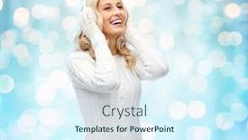  Presentation with blue lights - Cool new presentation theme with winter fashion christmas and people concept - smiling young woman in earmuffs and sweater over blue holidays lights background backdrop and a sky blue colored foreground