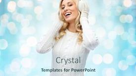  Presentation with blue lights - Amazing slide set having winter fashion christmas and people concept - smiling young woman in earmuffs and sweater over blue holidays lights background backdrop and a sky blue colored foreground