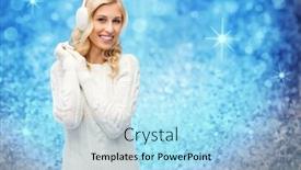  Presentation with blue lights - Cool new slide deck with winter fashion christmas and people concept - smiling young woman in earmuffs and sweater over blue glitter or holidays lights background backdrop and a light blue colored foreground
