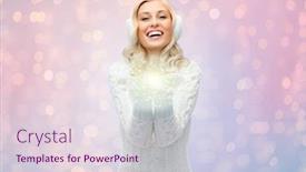  Presentation with serenity - Beautiful PPT layouts featuring winter fashion christmas and people concept - smiling young woman in earmuffs and sweater holding something on her empty palms over rose quartz and serenity lights background backdrop and a lemonade colored foreground