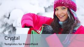  Presentation with snow blizzard in winter - Audience pleasing slides consisting of winter girl with gift bags backdrop and a light blue colored foreground