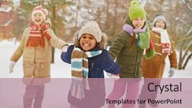  Presentation with camera - Audience pleasing slide deck consisting of winter happy children - cheerful girl looking at camera backdrop and a  colored foreground