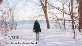  Presentation with hike forest - Presentation theme with winter-hike-woman-walking background and a light gray colored foreground
