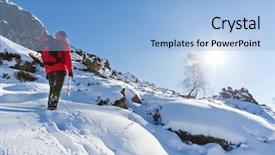  Presentation with hiking mountain - Colorful PPT layouts enhanced with winter hiking male trekker walks along a snowy mountain path backdrop and a light blue colored foreground