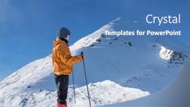  Presentation with hiking mountain - PPT theme featuring winter hiking tourist getting rest on his way to mountain top background and a ocean colored foreground