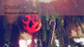  Presentation with cane - Cool new presentation theme with winter holidays and decoration concept - candy cane and christmas ball on fir tree branch covered with snow backdrop and a violet colored foreground