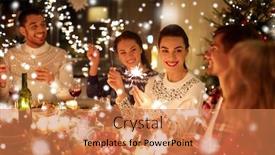  Presentation with feast - Amazing PPT theme having winter holidays and people concept - happy friends with sparklers celebrating christmas at home feast over snow backdrop and a coral colored foreground