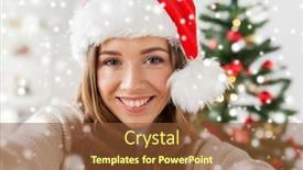  Presentation with snow tree - Slide set with winter holidays and people concept - happy young woman or teenage girl in santa hat taking selfie over christmas tree and snow background and a tawny brown colored foreground