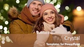  Presentation with dating - Amazing theme having winter holidays and people concept - happy young couple dating and hugging at christmas tree in evening backdrop and a coral colored foreground
