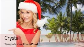  Presentation with tropical christmas - Beautiful presentation theme featuring winter holidays christmas advertising and people concept - smiling young woman in santa helper hat with white blank billboard over tropical beach and swimming pool background backdrop and a coral colored foreground