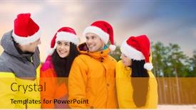  Presentation with christmas holidays - Theme with winter holidays christmas and friendship concept - happy friends in santa hats and ski suits talking outdoors over natural background background and a gold colored foreground