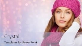  Presentation with serenity - Audience pleasing presentation consisting of winter holidays christmas and people concept - young woman in hat and scarf over rose quartz and serenity lights background backdrop and a lemonade colored foreground