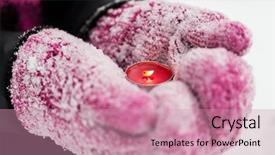  Presentation with candle christmas - Theme enhanced with winter holidays christmas and people concept - close up of hands in mittens holding burning tea candle outdoors background and a coral colored foreground