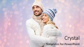  Presentation with serenity - Amazing presentation theme having winter holidays couple christmas and people concept - smiling man and woman in hats and scarf hugging over rose quartz and serenity lights background backdrop and a lemonade colored foreground