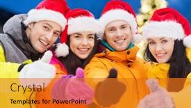  Presentation with christmas holidays - Colorful slide deck enhanced with winter holidays friendship and people concept - happy friends in santa hats and ski suits outdoors showing thumbs up gesture over christmas lights background backdrop and a gold colored foreground