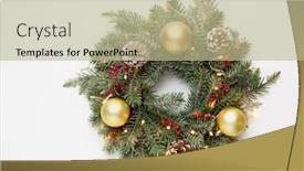  Presentation with golden lights - Slide set featuring winter holidays new year and decorations concept - wreath of fir branches with golden balls pine cones and garland lights on white background background and a mint green colored foreground