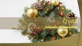  Presentation with golden lights - PPT theme having winter holidays new year and decorations concept - wreath of fir branches with golden balls pine cones and garland lights on white background background and a tawny brown colored foreground