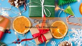  Presentation with blue lights - Slide deck featuring winter holidays new year and christmas concept - gift boxes garland lights and decorations on blue background background and a gold colored foreground