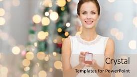  Presentation with diamond - Audience pleasing PPT theme consisting of winter holidays presents and people concept - smiling woman in white dress holding red gift box with diamond ring over christmas tree lights background backdrop and a coral colored foreground