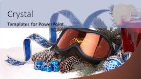  Presentation with year still life christmas - Colorful presentation theme enhanced with winter holidays still life with fir tree branch ski glasses fruit tea and christmas decorations lying on snow on a white background with copy space new year and christmas winter vacation backdrop and a teal colored foreground