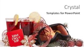  Presentation with year still life christmas - Slide set consisting of winter holidays still life with fir tree branch ski glasses fruit tea gingerbread cookies and christmas decorations lying on snow on a white background with copy space happpy new year background and a white colored foreground