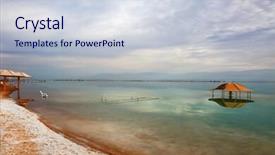  Presentation with water sun - Theme with winter in the dead sea the picturesque red gazebo in the water near the shore excellent optical effects and reflections of clouds and sun in the water background and a lemonade colored foreground