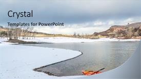  Presentation with fort - Slide deck with winter kayaking in colorado - red whitewater kayak on shore of horsetooth reservoir near fort collins background and a light blue colored foreground