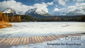  Presentation with mountain lake - PPT theme consisting of winter-landscape-of-a-frozen background and a light blue colored foreground