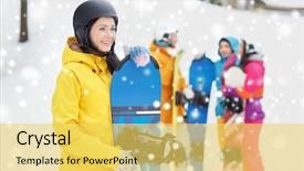  Presentation with snowboard - Colorful PPT theme enhanced with winter leisure extreme sport friendship and people concept - happy young woman in helmet with snowboard and group of friends backdrop and a yellow colored foreground