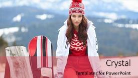  Presentation with ski - PPT layouts enhanced with winter leisure sport and people concept - happy young woman in ski goggles outdoors background and a red colored foreground