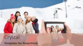  Presentation with mountain snow - Slides with winter leisure sport friendship and people concept - group of smiling friends with snow tubes taking picture by tablet pc computer over mountain background background and a coral colored foreground