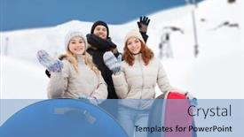 Presentation with mountain snow - Theme consisting of winter leisure sport friendship and people concept - group of smiling friends with snow tubes waving hands over mountain background background and a teal colored foreground